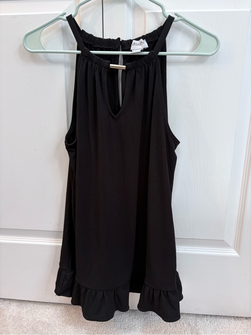 Carmen Marc Valvo Black Ruffled-Hem Halter Top